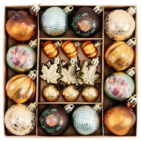 DecorbyHannah Fall Ornaments for Tree, 35ct Autumn Thanksgiving Harvest Bless Pumpkin Maple Leaf Star Icicle Ornament Set, Shatterproof Gold Orange Farmhouse Decor Hanging Ball for Home Indoor Table