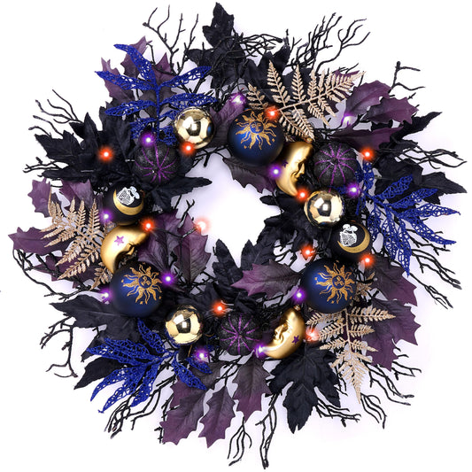 DecorbyHannahHalloween Wreath for Front Door, 24 Inch Collapsible Pre-lit Black Witch Pumpkins Wreath with Lights，Maple Leaves, Moon,Ball Ornaments and Timer for mantle Porch Wall Indoor Outdoor Decor