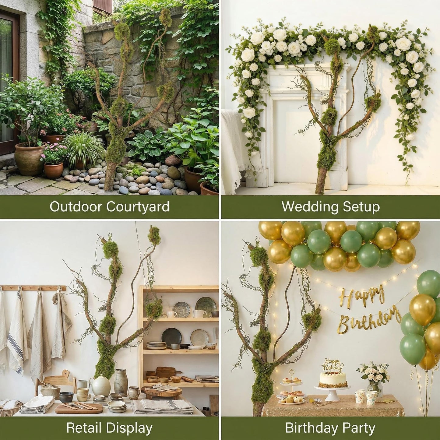 55inch Large Artificial Tree Branches Trunk Faux Moss Jungle Vine Thick Woodsy Tree Twigs Giant Bendable Creepy Green Plants for Wall Hanging Yard Mantel Forest Shelf Theme Party Halloween Decor