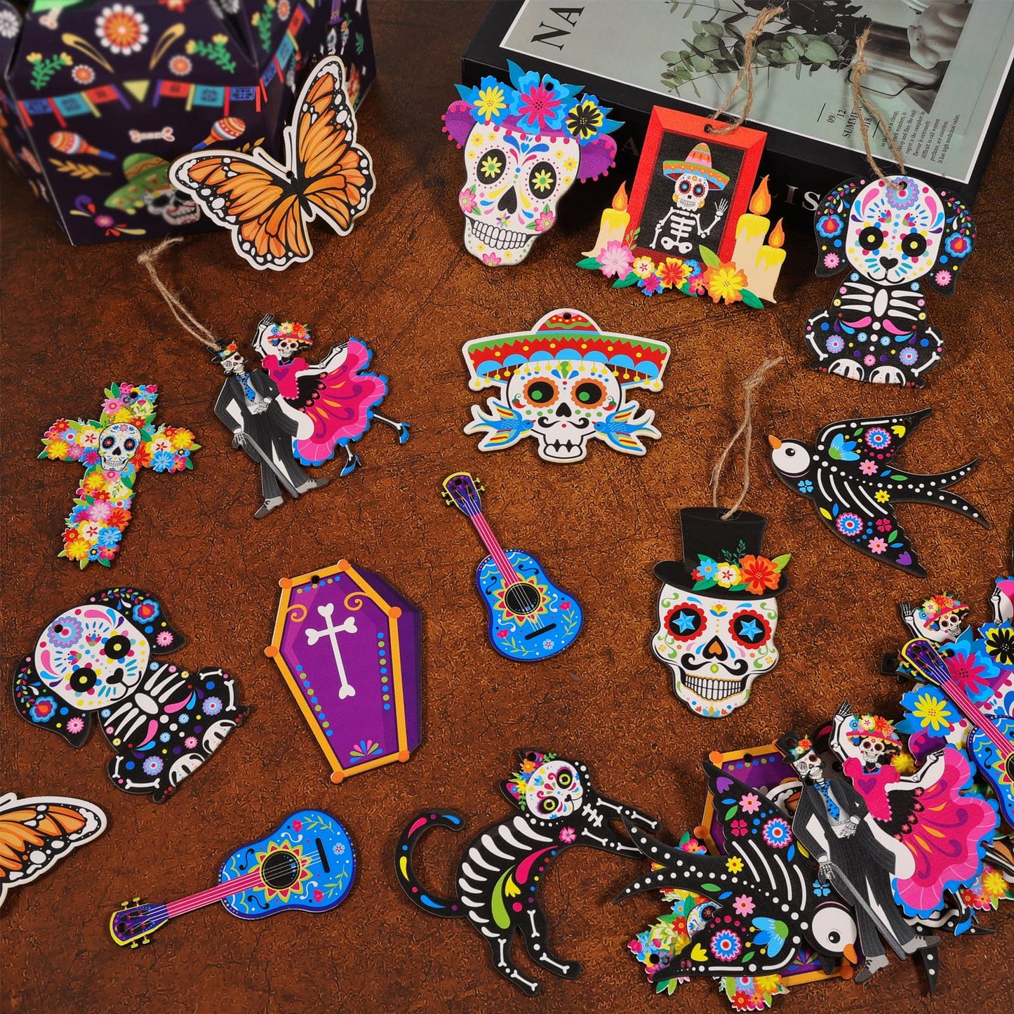 HOWAF 36pcs Day of The Dead Wood Ornaments, Dia De Los Muertos Decorations Hanging Wooden Sign for Mexican Dia de Los Muertos Altar Decor, Black Cats Sugar Skull Marigold Hanging Ornaments
