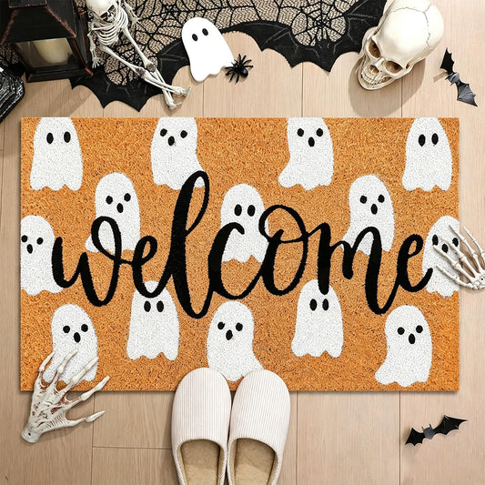 JarThenaAMCS Halloween Natural Coir Doormat Cute Ghost Welcome Floor Mat Non-Slip Entrance Door Rugs for Indoor Outdoor Bathroom Porch Decor, 16.5 x 29 Inch