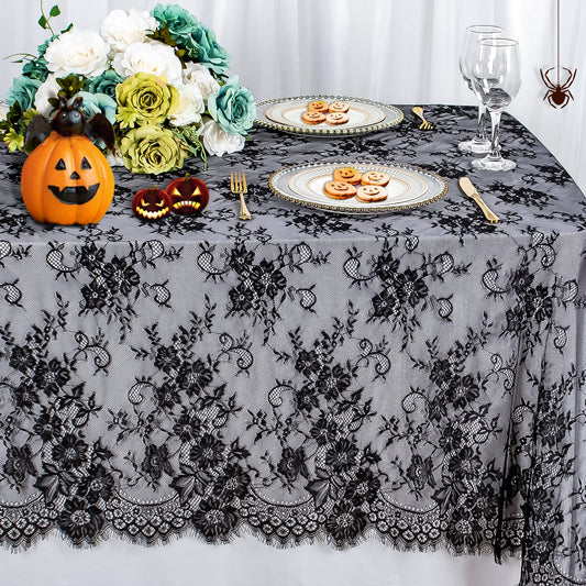 ShinyBeauty Lace Tablecloth Black 60x120 Inch Vintage Floral Lace Table Cloth Embroidered Lace Fabric Black Table Overlay for Halloween Vintage Table Cover Lace Table Linen Rustic Party Table Decor