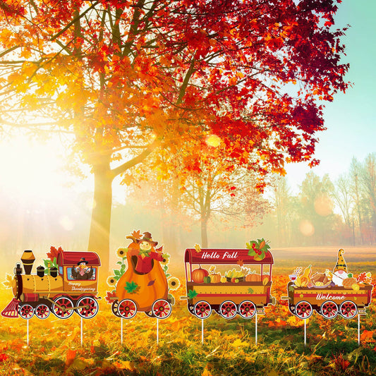 Weysat 4 Pcs Thanksgiving Yard Signs Train Outside Turkey Decoration Pumpkin Turkey Maple Gnome Thanksgiving Outside Decorations with 8 Pcs Plastic Stakes for Lawn Decor