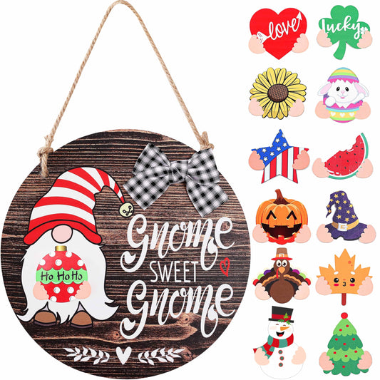 CYNOSA Interchangeable Seasonal Gnome Sweet Gnome Welcome Sign Front Door Decor Wooden Gnome Door Hanger, 12 Inches Farmhouse Wall Sign Gnome Decor (Brown)