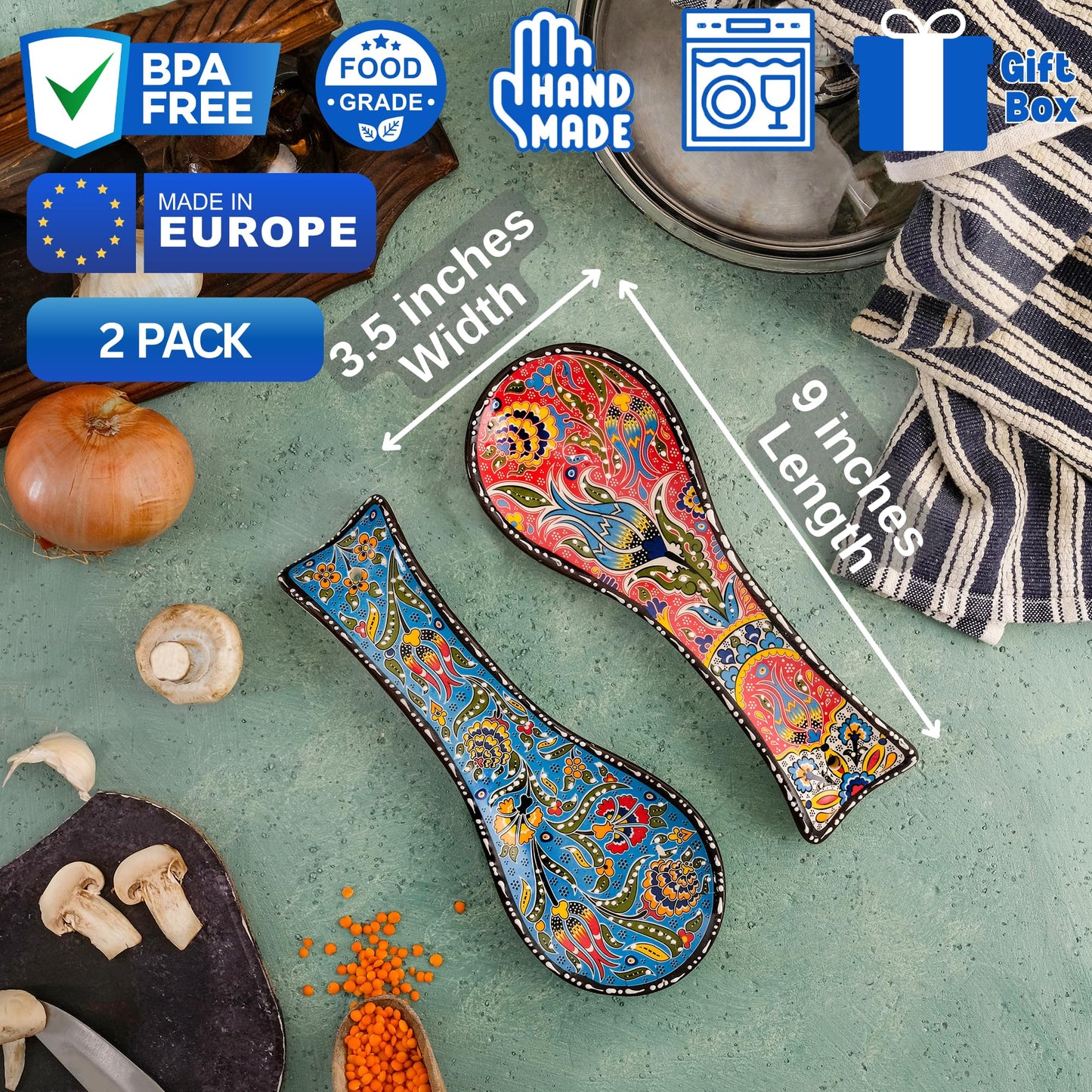 BCS Spoon Rest Set of 2 - Ceramic Spoon Holder for Stovetop & Kitchen Counter - Dishwasher Safe Handmade Kitchen Utensil (Blue-Red 3.5” W x 9" L)