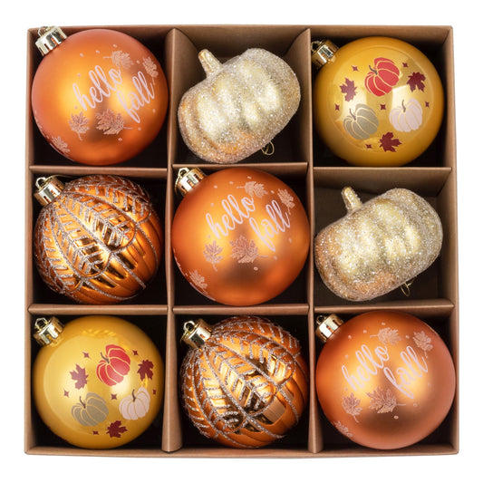 DecorbyHannah Fall Ornaments Decorations for Tree, 9ct Large Autumn Thanksgiving Harvest Pumpkin Tree Ornaments Set, Shatterproof Gold Farmhouse Decor Hanging Ball for Home Indoor Table, 3.15inch/80mm