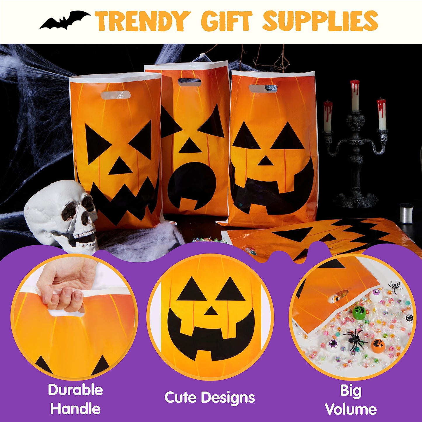 JOYIN 72 Pcs Halloween Goodie Bag, Pumpkin Plastic Candy Bags for Kids trick or treating, Halloween Jack o' Lantern Trick or Treat Bags for Snacks Party Favors, Treats Party Supplies