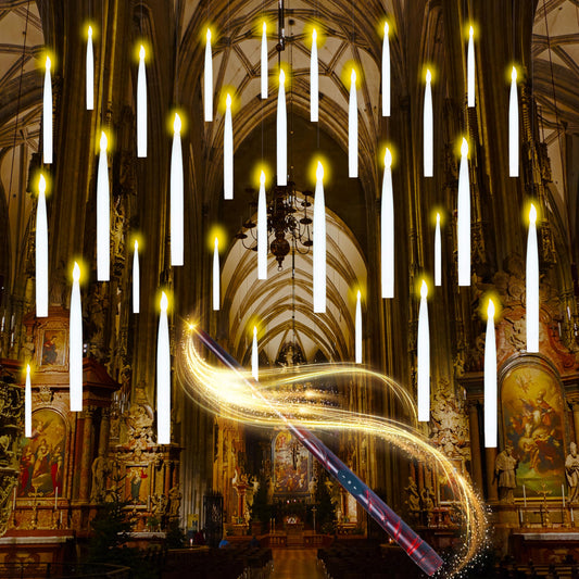 JOYIN 20Pcs Halloween Floating Candles with Wand Remote Flickering Warm Light Taper Magic Hanging Candles with 2 Light Mode and Timer Flameless LED Candle for Halloween Window Decorations Party Gift