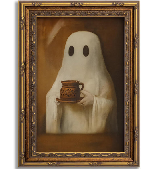 Ghost Drinking Coffee Canvas Wall Art Vintage Halloween Posters Gothic Dark Academia Decor Picture Cute Horror Country Cottage Fall Painting Print Artwork for Kitchen Dining Room Bedroom, Unframed