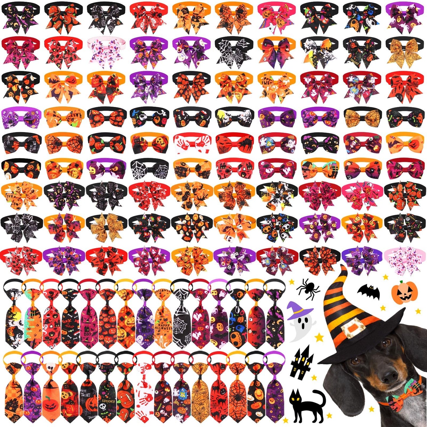 120 Pcs Halloween Dog Bow Tie Collar Set Includes 60 Pumpkin Dog Grooming Bowtie Bow Ties Pet Neckties Collar Holiday Accessories for Cat Doggy