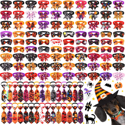 120 Pcs Halloween Dog Bow Tie Collar Set Includes 60 Pumpkin Dog Grooming Bowtie Bow Ties Pet Neckties Collar Holiday Accessories for Cat Doggy