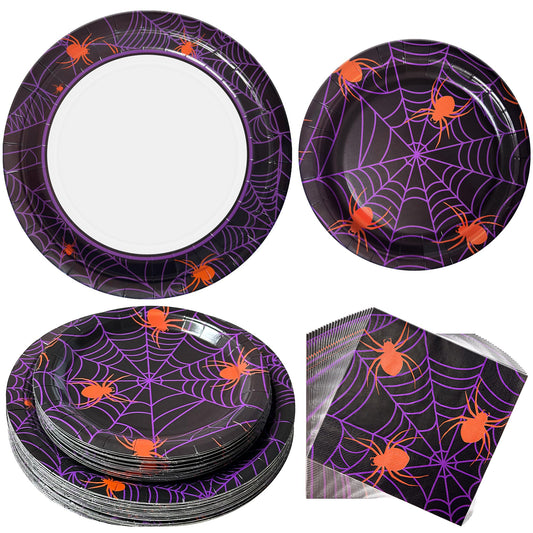 Watch Me Fly 75pcs Spider Party Supplies - Disposable Spider Web Paper Plates & Napkins (25pcs 9" & 7" Plates, 25pcs Napkins) for Birthdays, Halloween, Birthday, and Parties Decoration