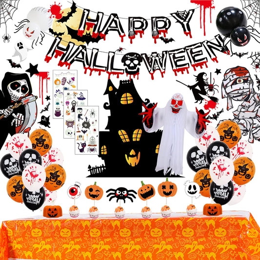 77 PCS Halloween Party Decorations Set - Halloween Balloons Fluorescent Stickers Halloween Ghost Hanging Decoration Halloween Window Clings Suitable for Outdoor and Indoor Halloween Decorations.