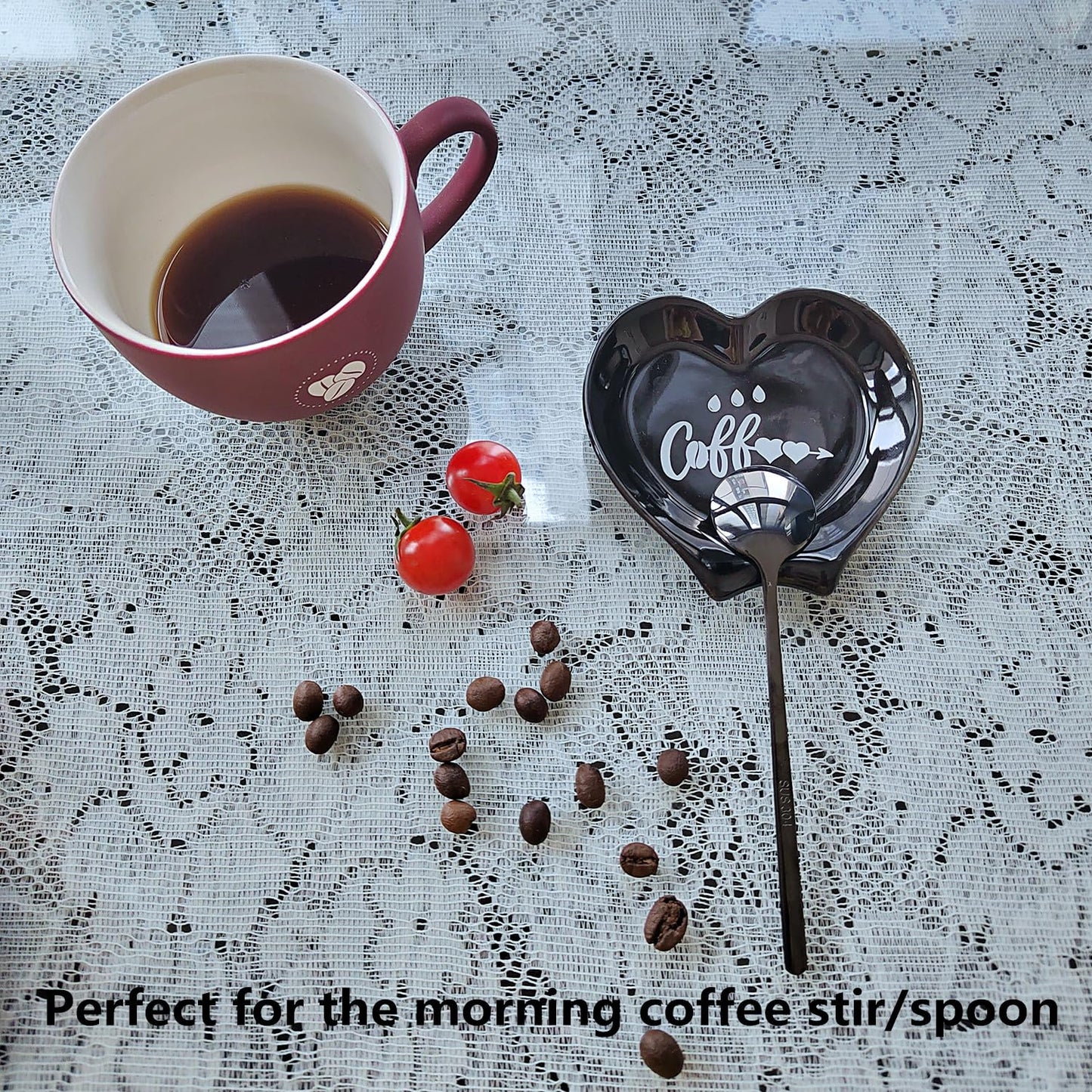 Ture Heart-shaped Ceramic Spoon Rest - Mini & Small, Holds Coffee & Teaspoons, Black