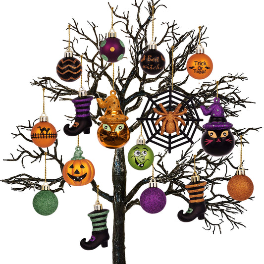 Valery Madelyn Halloween Ornaments Tree Decorations, 24ct Shatterproof Cats Jack-o'-Lantern Pumpkin Vintage Decorative Hanging Ball Ornaments Set for Small Tree, Cute Holiday Party Indoor Home Decor