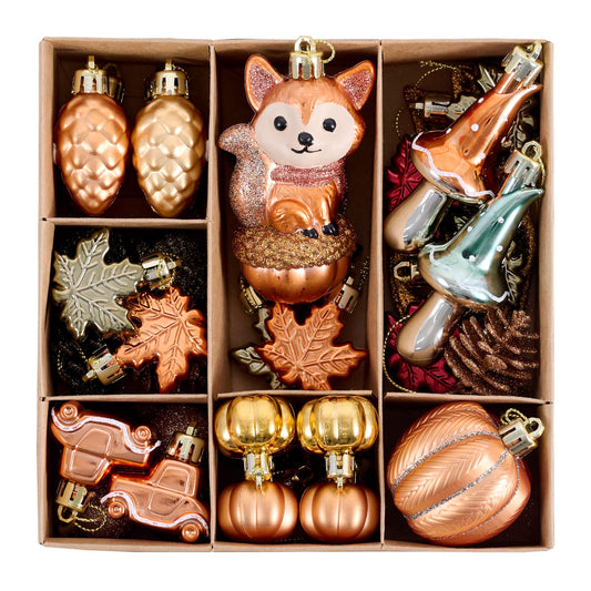 DecorbyHannah Fall Ornaments for Tree Decorations, 40ct Autumn Harvest Pumpkin Maple leaves Blessed Woodland Fox Tree Ornament Set, Shatterproof Gold Farmhouse Decor Hanging Ball for Home Indoor Table
