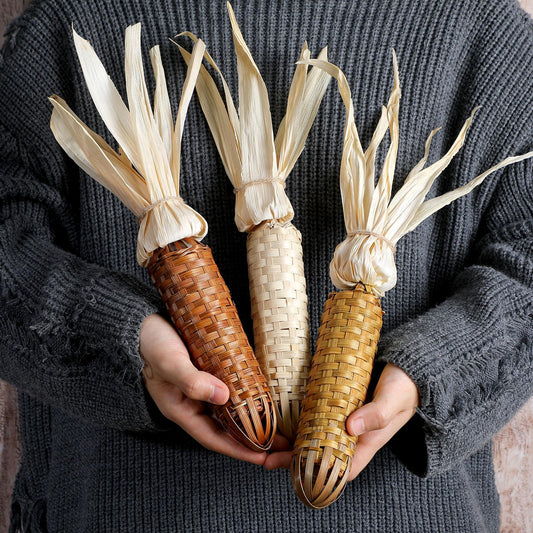 Weysat 3 Pcs Corn Ornament Fake Corn on The Cob Decor with Husks Handmade Bamboo Woven Ornament Rustic Farmhouse Harvest Decor for Home Kitchen Wall Door Shelf Fireplace