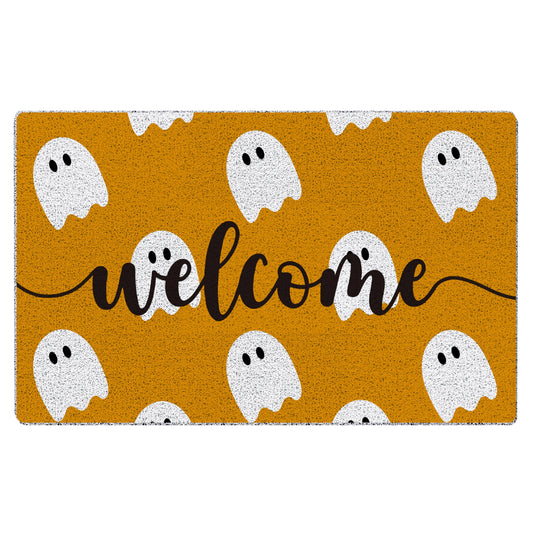 KEUSPI Halloween Ghost Welcome Mat, Cute Ghost Boo Door Mat for Home Outdoor Indoor Entrance, Orange Halloween Doormat for Front Door Porch Entryway, 17x30 Inches