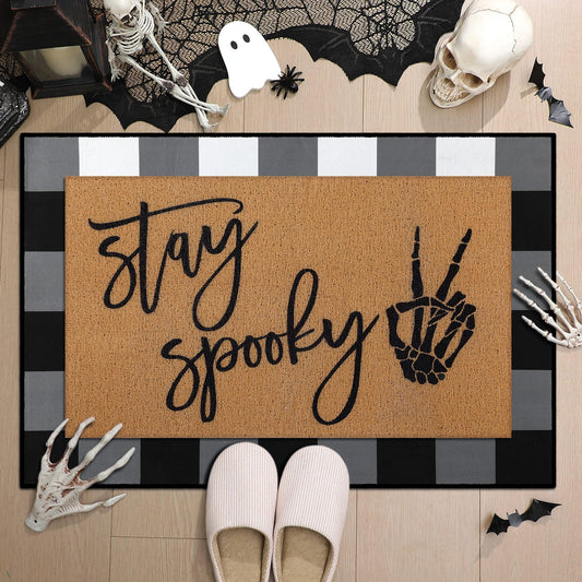Drydiet 2 Pcs Stay Spooky Halloween Coir Doormats Welcome Outdoor Door Mats Layered Buffalo Plaid Front Door Rugs Non Slip Floor Mats for Halloween Porch Entryway Indoor Outdoor Decor