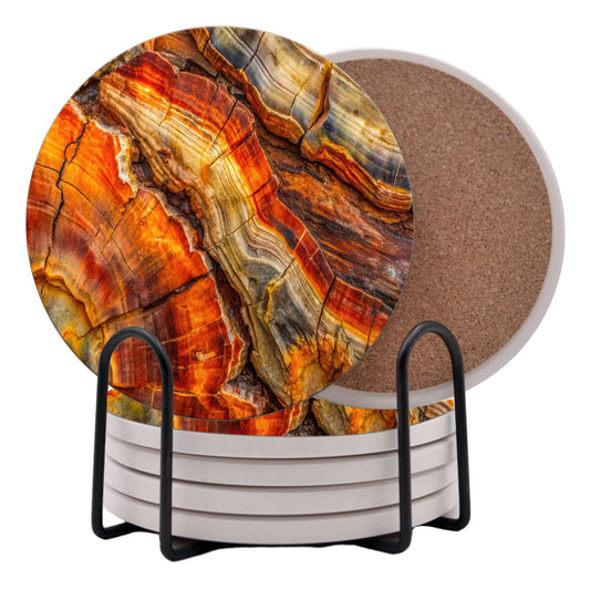 Petrified Wood Agate Round Coasters Set of 6 - Abosrbent Ceramic Coasters with Metal Stand for Drinks, Coffee, Non-Slip Cork Back for Tabletop Protection, 4 Inches