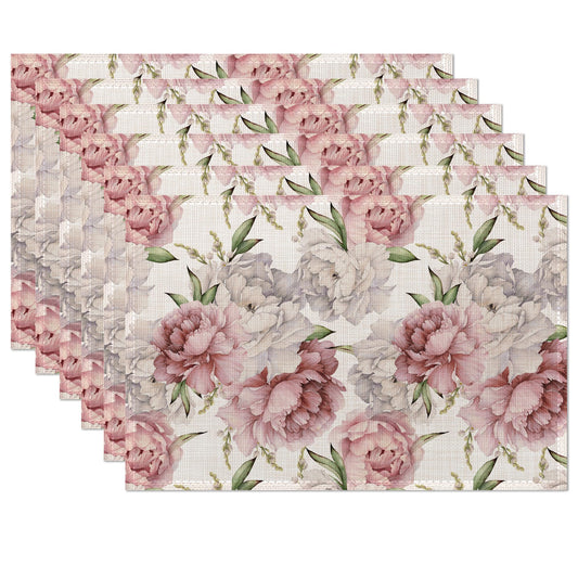 Placemats,Pink White Peony Flower Placemats 12x18 Inch Waterproof Non-Slip Washable Table Mats for Kitchen Dining Party Table Decor,Set of 6