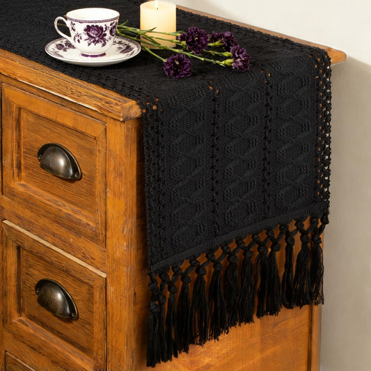 FEXIA Black Table Runner for Summer Home Decor with Tassels 108 Inches Long Farmhouse Rustic Black Halloween Table Runner Macrame Gothic Burlap Table Decoration for Living Room (12x108 Inches)