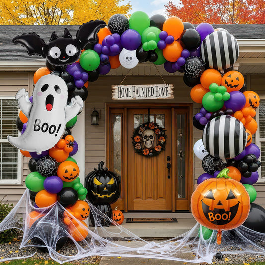 Halloween Party Decorations with Orange Black Green Purple Garland Balloon arch & Spider Web Bat Ghost Pumpkin Stripes Foil Balloons for one spooky dude 1st Horror Night Birthday Supplies