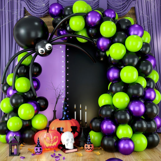 Halloween Balloon Arch Garland Kit with Big Spider DIY Balloons, Matte Black Lime Green Purple Metallic Latex Balloons Garland with Eye Balloons for Halloween Party Home Garden Outdoor Decorations