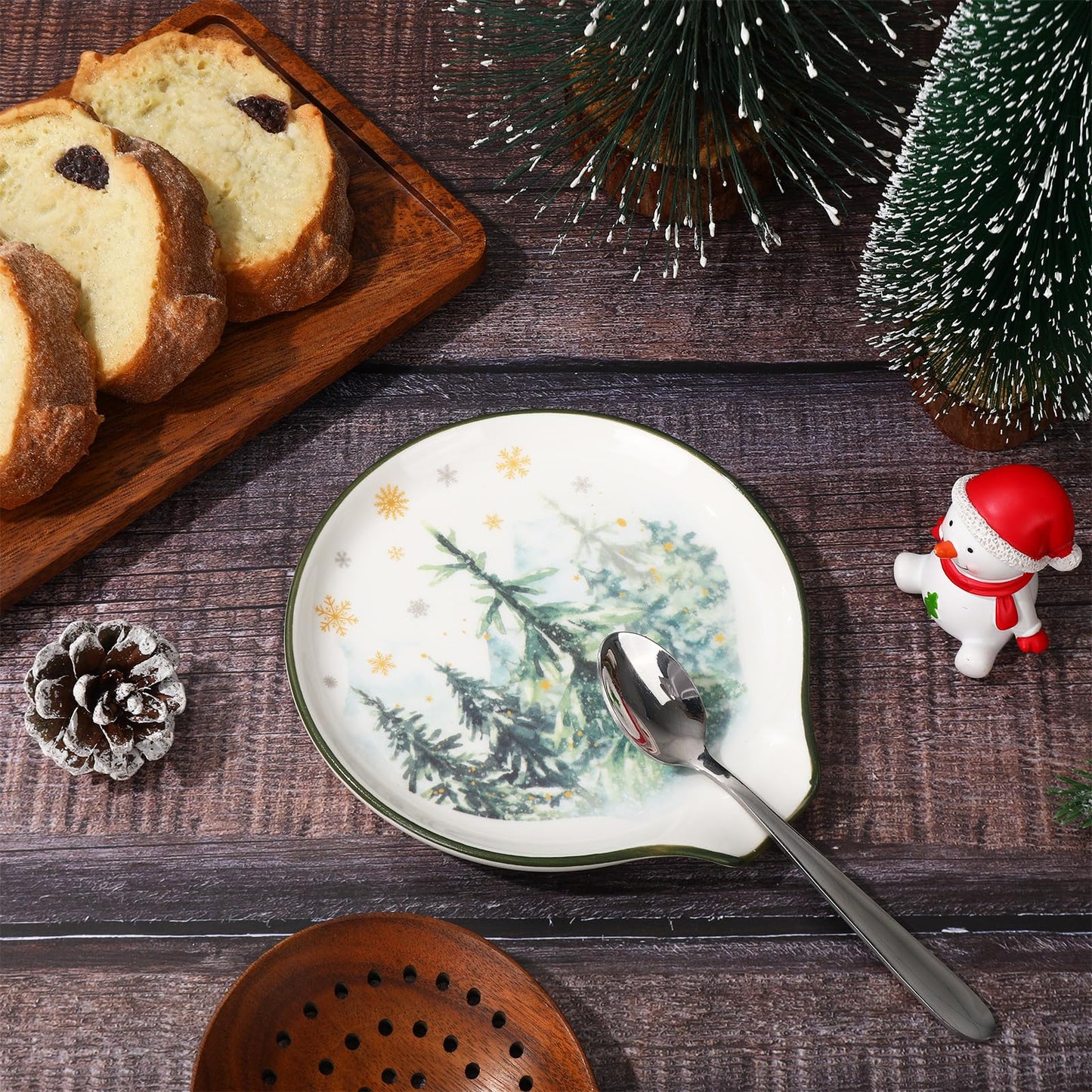 JarThenaAMCS 4.7inch Christmas Forest Spoon Rest Watercolor Xmas Tree Snowflake Small Coffee Spoon Holder for Winter Xmas Coffee Stirrers Teaspoon Bar Coffee Station Christmas Accessories