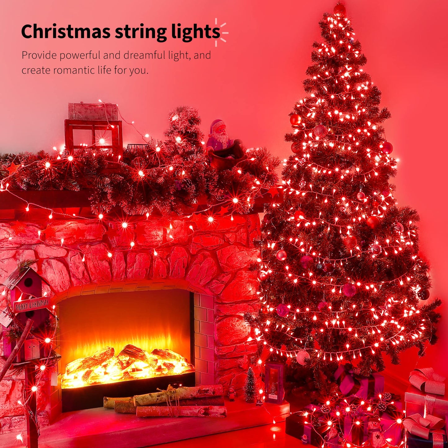 oopswow Red Valentine Lights, 100 LED 33FT Christmas String Lights Plug in
