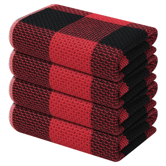 Mordimy 100% Cotton Waffle Weave Kitchen Towels, 13 x 28 Inches, Super Soft and Absorbent Buffalo Check Dish Towels for Drying Dishes, 4-Pack, Black & Red