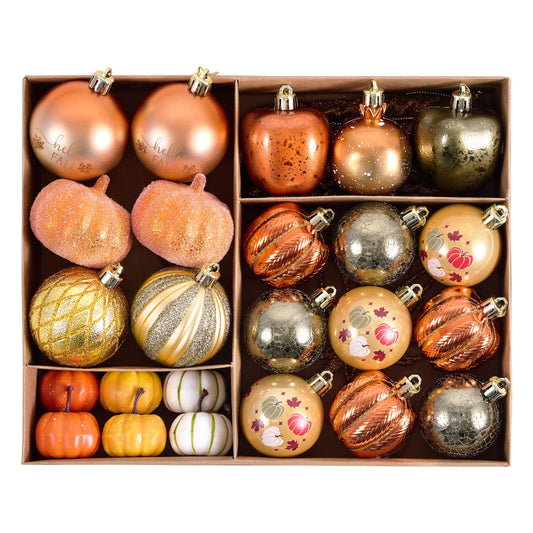 DecorbyHannah Fall Ornaments Tree Decorations, 40ct Autumn Thanksgiving Harvest Pumpkin Maple Leaves Tree Ornaments Set, Shatterproof Gold Orange Farmhouse Decor Hanging Ball for Home Indoor Table