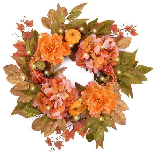 DecorbyHannah Fall Wreath for Front Door, 18 Inch Lighted Autumn Harvest Pumpkin Door Wreath with Lights, Artificial Yellow Peony Hydrangea Maple Leaf Decor for Mantle Porch Wall Home Indoor Outdoor