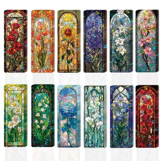 Zaamwoyy 48 Pcs Stained Glass Bookmarks, Colorful Glass Flower Paper Bookmark Bulk for Women Man, Aesthetic Floral Book Mark Gift for Reading Lovers Library Accessories