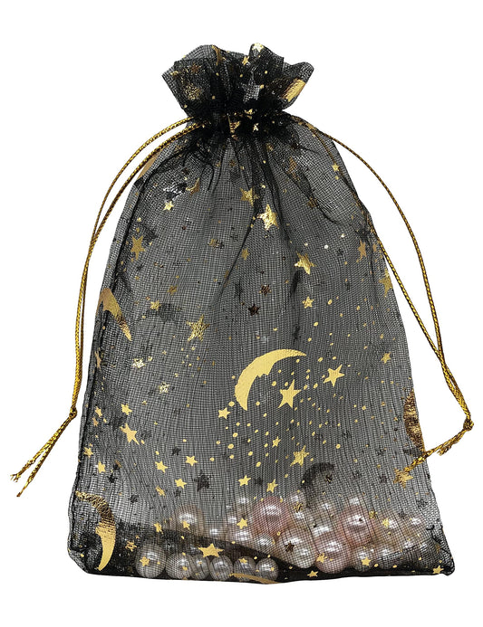 Jexila 100PCS Black Organza Gift Bags 4X6 Small Mesh Bags Drawstring Jewelry Pouch Halloween Goodie Treat Bag Moon Star for Birthday Party Favor Candy Bag