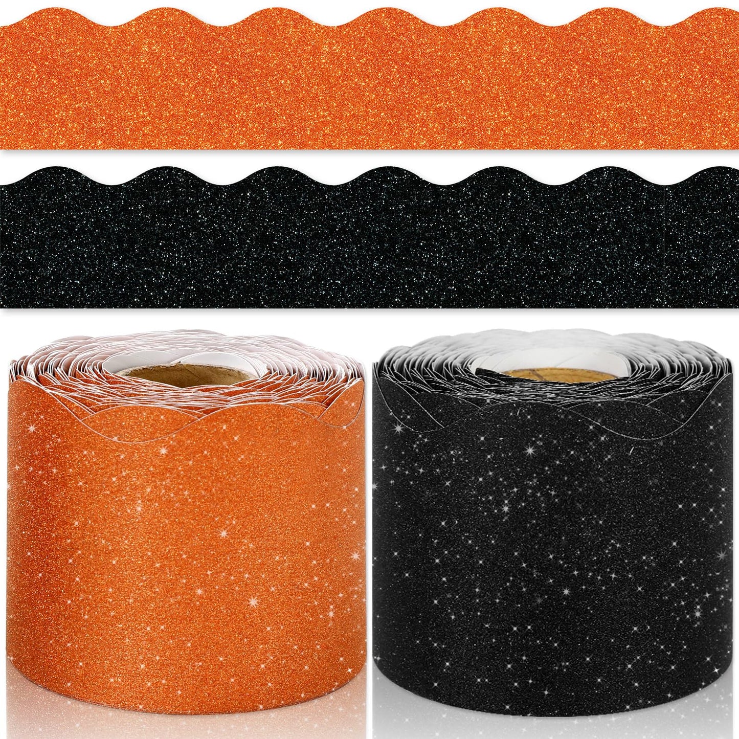 Whaline 131.2Ft Halloween Bulletin Board Border Glitter Orange Black Die Cut Trim Border Roll for Classroom Home Office Chalkboard Wall Decor, 2 Rolls