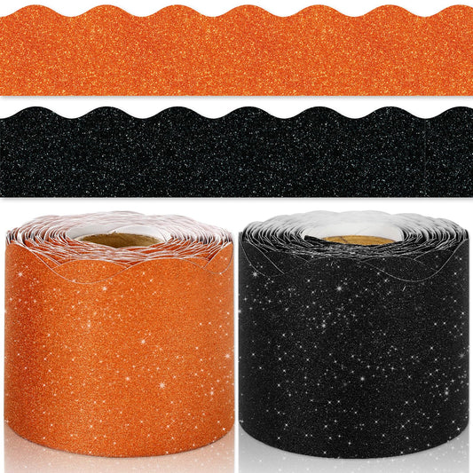 Whaline 131.2Ft Halloween Bulletin Board Border Glitter Orange Black Die Cut Trim Border Roll for Classroom Home Office Chalkboard Wall Decor, 2 Rolls