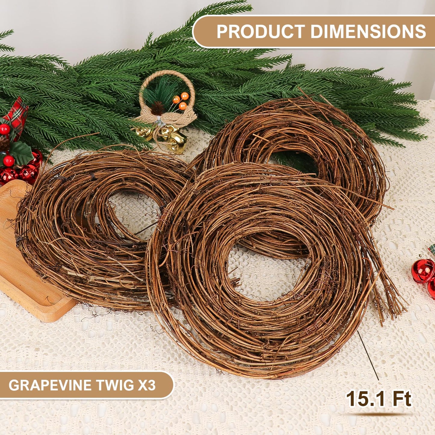3 PCS Grapevine Garland DIY Crafts Natural Grapevine Twig Vines, 15 Feet Vines Garland Wreaths for Wedding Christmas House Holiday Door Vase Wall Decor
