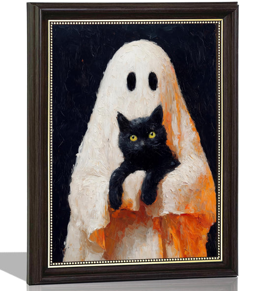 Ghost and Black Cat Wall Art 9x11, Dark Brown Framed Canvas Print, Cute Spooky Ghost Holding Cat Picture, Halloween Room Decor for Cat Lovers