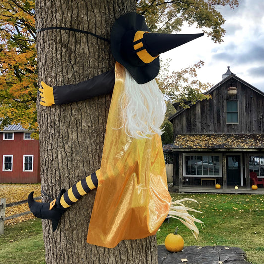 Giiffu 53" Witch Crashing into Tree Halloween Decor Outdoor – Flying Witch Hitting Tree Fall Yard Decoration for Front Porch, Door, Pillar, Fence & Halloween Party Props (Orange + Black)