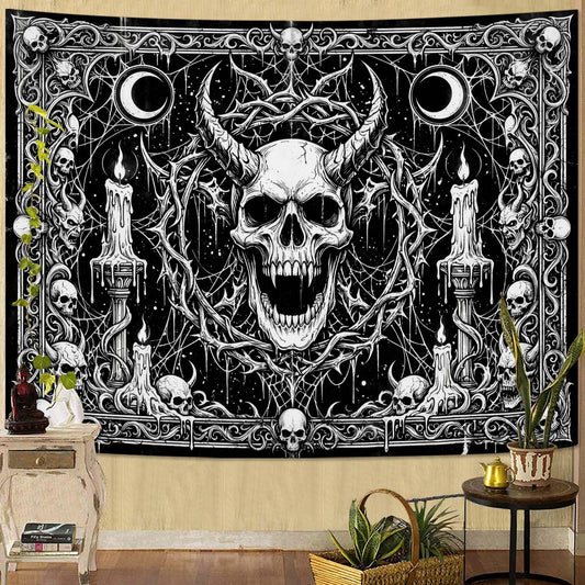 Yeoiat Tapestry Horned Demon Skull Tapestries Gothic Horror Tapestries Thorns Candles Moon Spiderweb Art Wall Tapestry Bedroom Dormitory Living Room Decoration 48"x36"