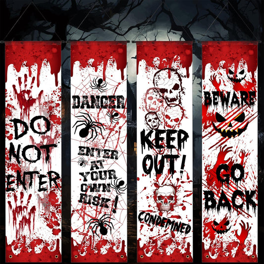 Mindsoft 4 Pcs Halloween Banners Halloween Porch Door Decorations Hanging Horror Banner with Scary Warning Messages for Outdoor Indoor Party Decorations(Red Warning)