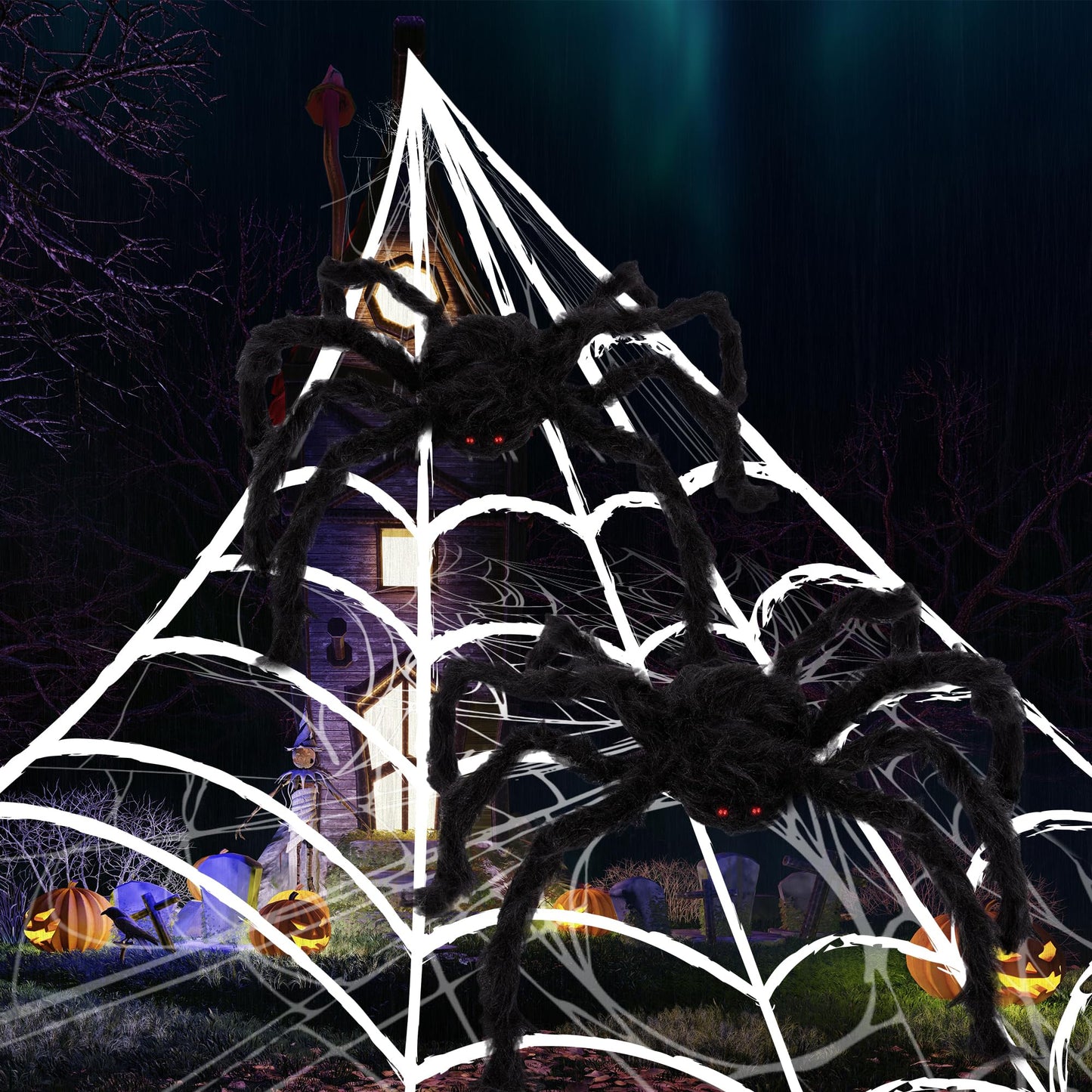 ArtCreativity Giant Spider Halloween Decorations, Includes Two 24" Spiders and a 16.4' Spider Web, Outdoor Spider Web Decoration with 2 Giant Spiders, Outdoor Halloween Decorations for Haunted House