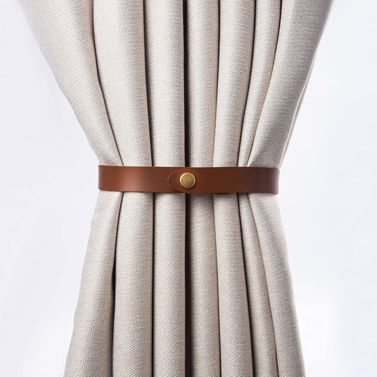 PU Leather Curtain Tiebacks, Ring Clips Curtain Holdabacks Buckle for Window Draperies of Home Hotel Curtain Holders, Rope Decoration Creative Curtains Ties Modern Minimalist Set of 2 (Light Brown)