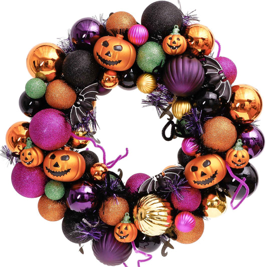 Valery Madelyn Halloween Decorations Indoor for Home, Pre-Lit Pumpkin Ball Wreath with 60ct Shatterproof Treat-or-Trick Ornaments for Centerpiece Wall Front Door, 20 Inch