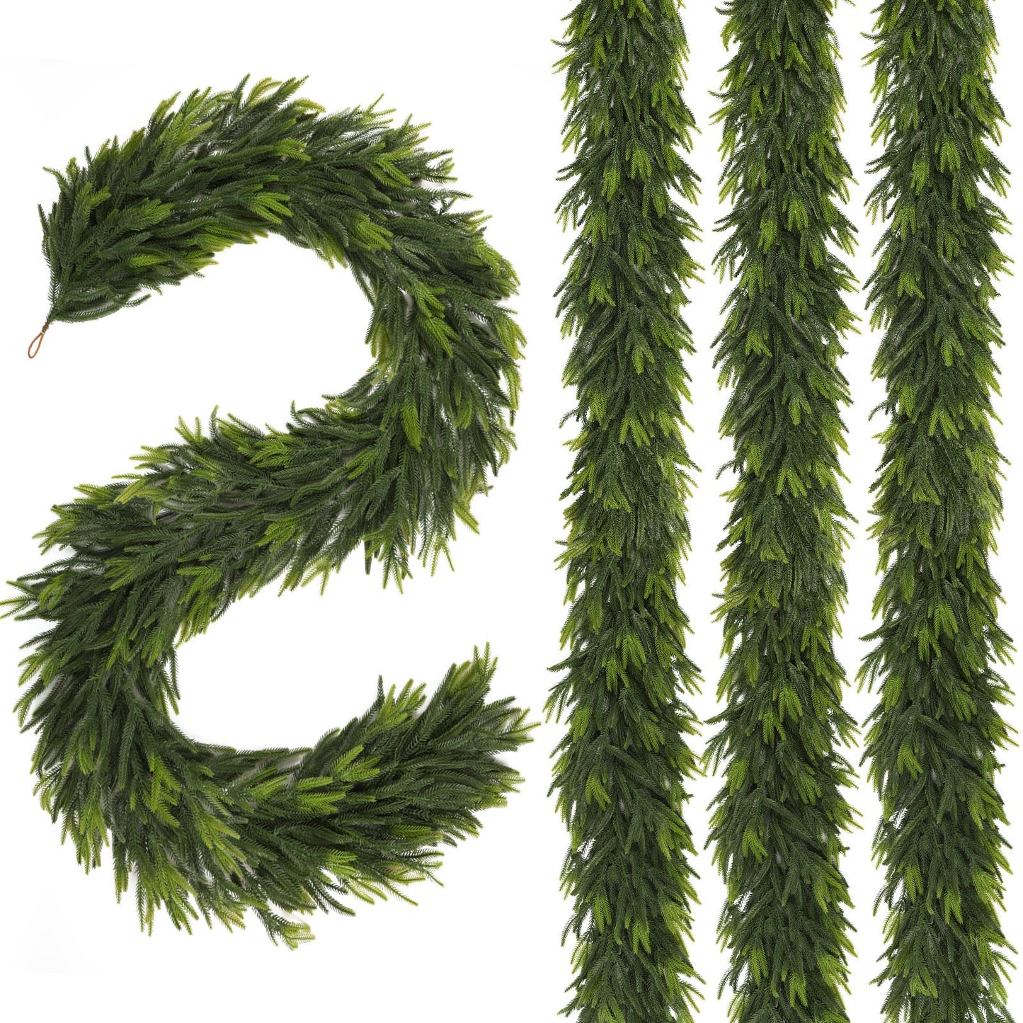 N&T NIETING 9FT Christmas Norfolk Pine Garland, Real Touch Pine Garlands Faux Greenery Garland Winter Christmas Garland for Table Mantle Holiday Indoor Outdoor Xmas Decorations (4 Pcs)