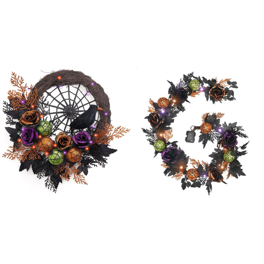 Valery Madelyn Halloween Wreath for Front Door with Lights, 18 Inch Pre-Lit Roses Crow Spider Webs Ball Ornaments Wreath Halloween Decorations for Home Table Centerpiece Window Indoor Party Wall Decor
