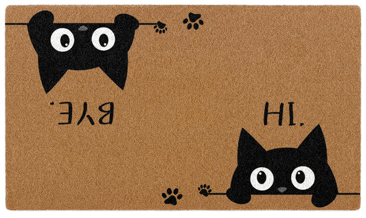 Bmotaso Hi Bye Black Cat Welcome Doormat, Cute Funny Outside Front Door Mat for Indoor/Outdoor Entrance, Rustic Artificial Coir Door Mat Rug for Cat Lovers, Porch Entry Patio Kitchen Decor 30x17in