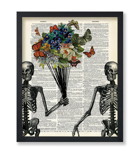 Poster Master Skeleton Couple Print - Flower & Butterfly Poster - Dictionary Art - Romantic Valentine's Day Gift for Him, Her, Lovers - Decor for Living Room, Bedroom - 8x10 UNFRAMED Wall Art