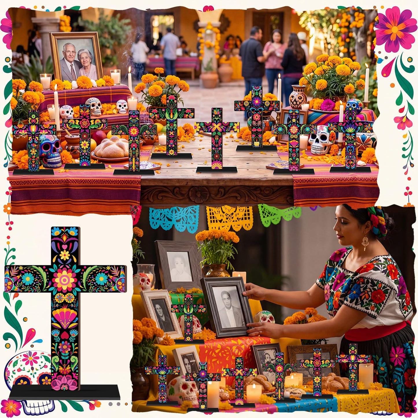 Amyhill 8 Pcs Dia De Los Muertos Altar Table Decorations Wooden Mexican Otomi Tenango Floral Folk Art Cross Centerpiece Day of The Dead Tabletop Sign Religious Cross for Home Desktop Shelf Decor